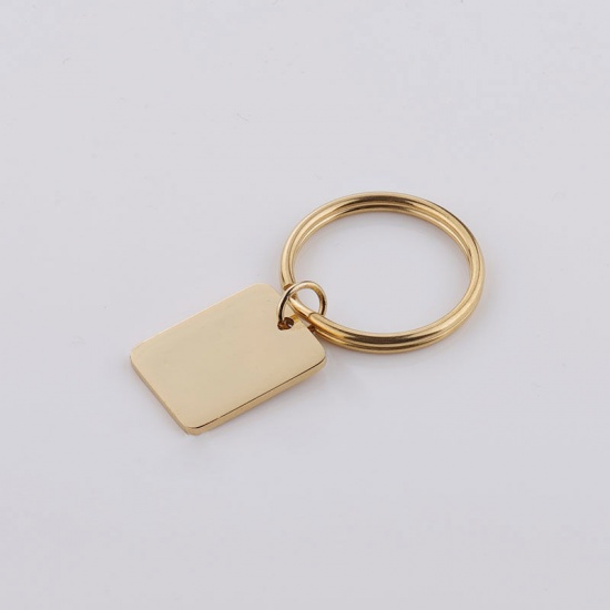 Picture of Stainless Steel Blank Stamping Tags Keychain & Keyring Rose Gold Rectangle One-sided Polishing 45mm x 25mm, 1 Piece