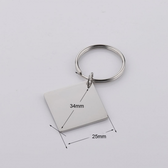 Picture of Stainless Steel Blank Stamping Tags Keychain & Keyring Silver Tone Rhombus One-sided Polishing 59mm x 34mm, 1 Piece