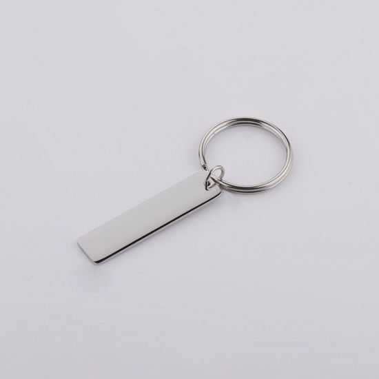 Picture of Stainless Steel Blank Stamping Tags Keychain & Keyring Silver Tone Rectangle One-sided Polishing 65mm x 25mm, 1 Piece
