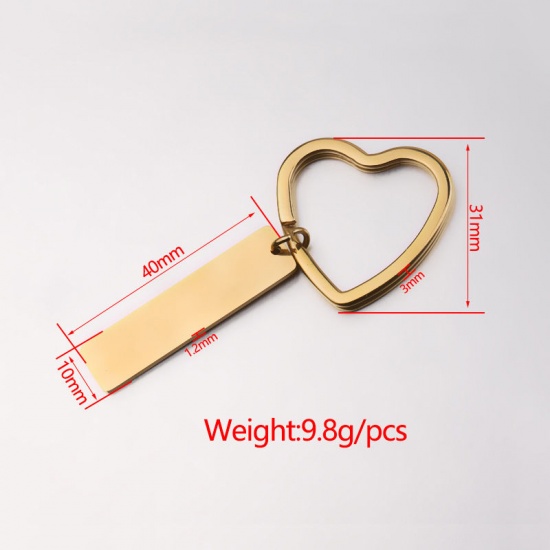 Picture of Stainless Steel Blank Stamping Tags Keychain & Keyring Gold Plated Rectangle Heart One-sided Polishing 71mm x 31mm, 1 Piece