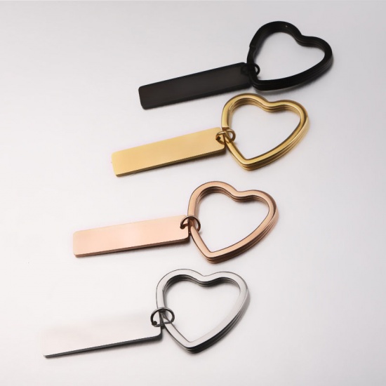 Immagine di Stainless Steel Blank Stamping Tags Keychain & Keyring Gold Plated Rectangle Heart One-sided Polishing 71mm x 31mm, 1 Piece