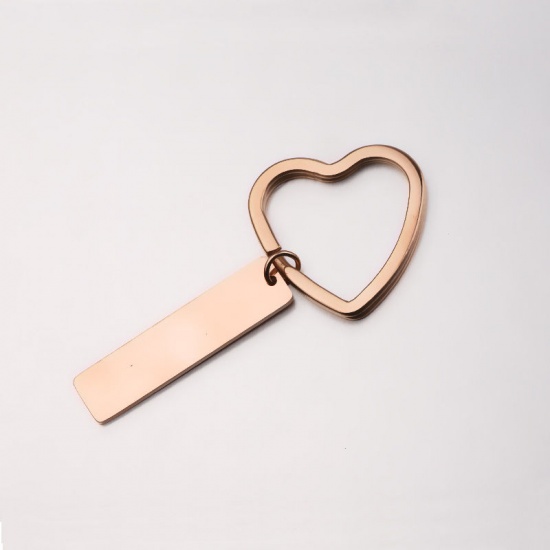 Immagine di Stainless Steel Blank Stamping Tags Keychain & Keyring Rose Gold Rectangle Heart One-sided Polishing 71mm x 31mm, 1 Piece