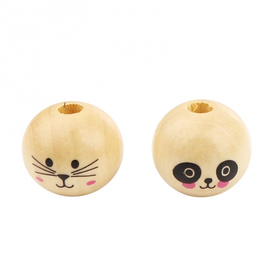 Picture of Wood Spacer Beads Ball Natural Cat About 20mm Dia., Hole: Approx 4.9mm, 30 PCs