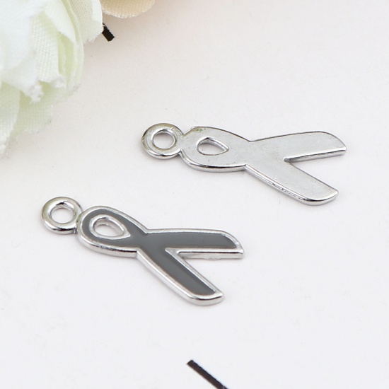 Picture of Zinc Based Alloy Charms Ribbon Silver Tone Gray Enamel 20mm x 9mm, 20 PCs