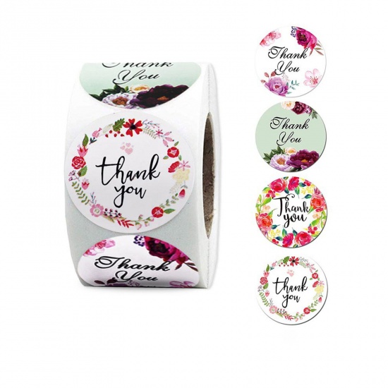 Bild von Paper DIY Scrapbook Deco Stickers Round Multicolor Flower Pattern " THANK YOU " 2.5cm Dia., 1 Roll (Approx 500 PCs/Roll)