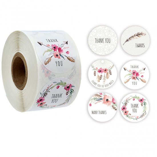 Picture of Paper DIY Scrapbook Deco Stickers Round Multicolor Flower Pattern " THANK YOU " 2.5cm Dia., 1 Roll (Approx 500 PCs/Roll)