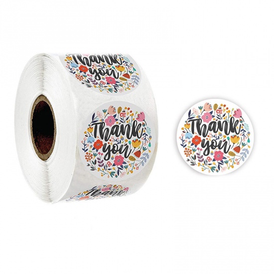 Picture of Paper DIY Scrapbook Deco Stickers Round Multicolor Flower Pattern " THANK YOU " 2.5cm Dia., 1 Roll (Approx 500 PCs/Roll)