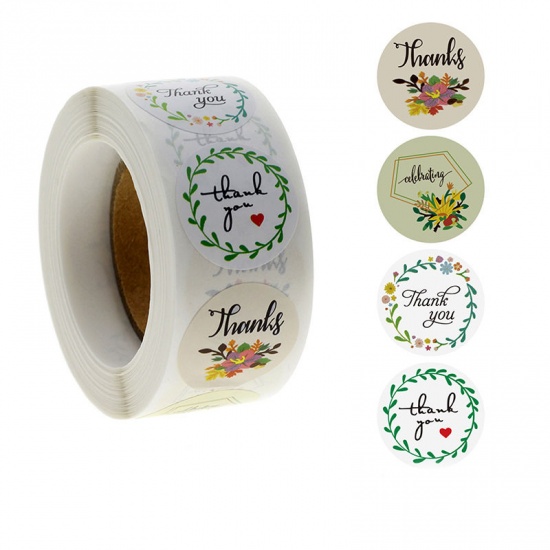 Picture of Paper DIY Scrapbook Deco Stickers Round Multicolor Flower Leaves Pattern " THANK YOU " 2.5cm Dia., 1 Roll (Approx 500 PCs/Roll)