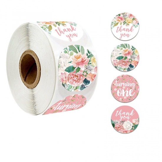 Picture of Paper DIY Scrapbook Deco Stickers Round Multicolor Flower Pattern " THANK YOU " 2.5cm Dia., 1 Roll (Approx 500 PCs/Roll)