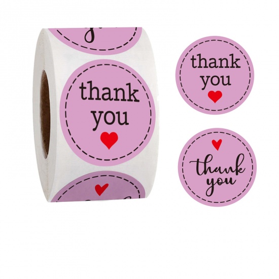 Picture of Paper DIY Scrapbook Deco Stickers Round Pale Lilac Heart Pattern " THANK YOU " 2.5cm Dia., 1 Roll (Approx 500 PCs/Roll)