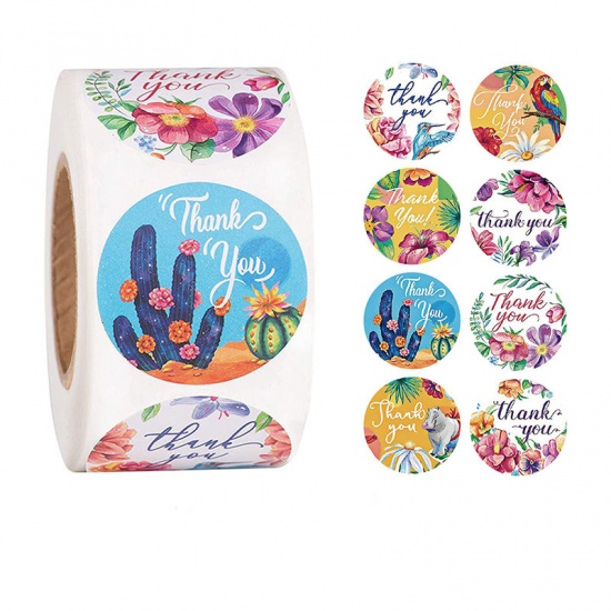 Picture of Paper DIY Scrapbook Deco Stickers Round Multicolor Flower Pattern " THANK YOU " 2.5cm Dia., 1 Roll (Approx 500 PCs/Roll)