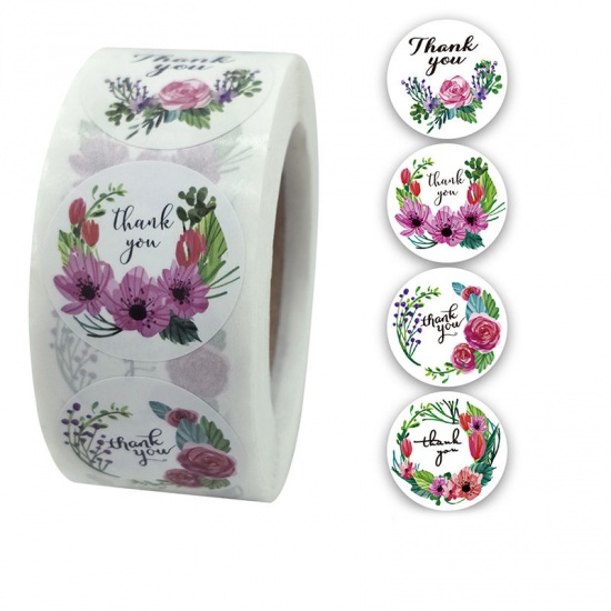 Изображение Paper DIY Scrapbook Deco Stickers Round Multicolor Flower Pattern " THANK YOU " 2.5cm Dia., 1 Roll (Approx 500 PCs/Roll)