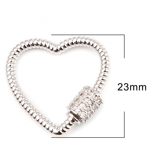 Image de Fermoirs à VisserApprêts Pour Bracelet et Collier en Laiton Cœur Argent Mat Pouvoir Être Dévissé à Strass Transparent 23mm x 23mm, 1 Pièce