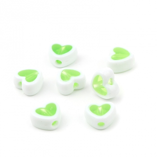 Picture of Acrylic Beads Heart White & Green About 8mm x 7mm, Hole: Approx 1.8mm, 200 PCs