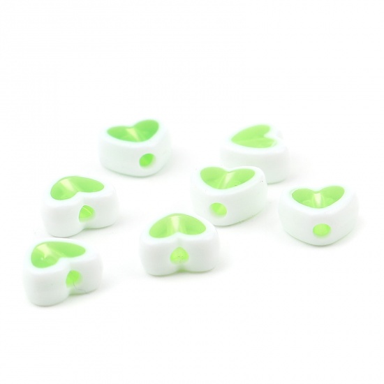 Picture of Acrylic Beads Heart White & Green About 8mm x 7mm, Hole: Approx 1.8mm, 200 PCs