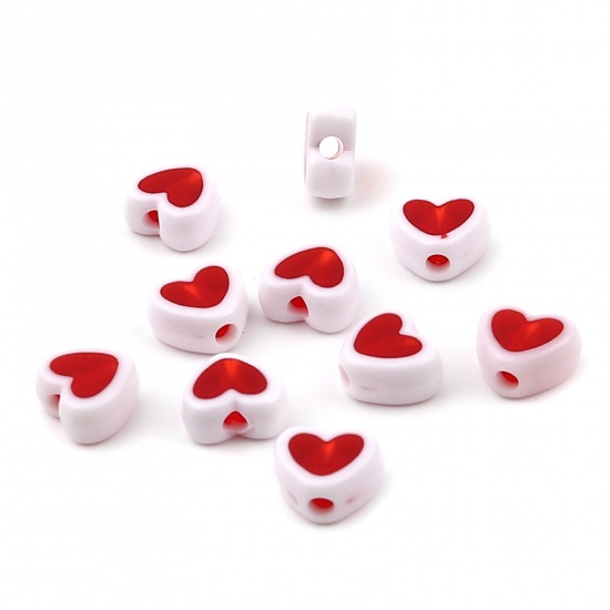 Picture of Acrylic Beads Heart White & Red About 8mm x 7mm, Hole: Approx 1.8mm, 200 PCs
