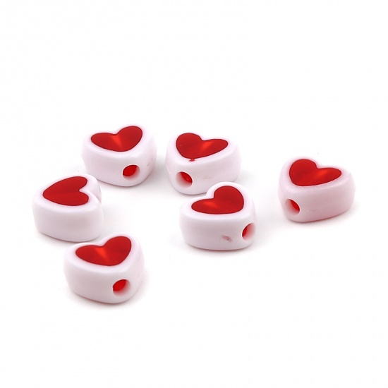 Picture of Acrylic Beads Heart White & Red About 8mm x 7mm, Hole: Approx 1.8mm, 200 PCs