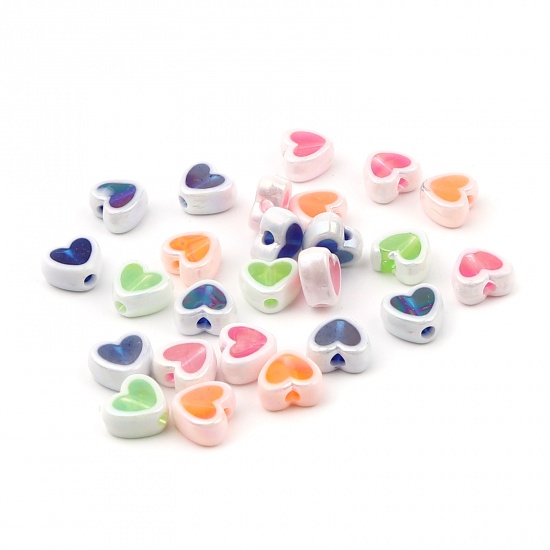 Picture of Acrylic Beads Heart At Random Color AB Rainbow Color Plating About 8mm x 7mm, Hole: Approx 1.8mm, 200 PCs