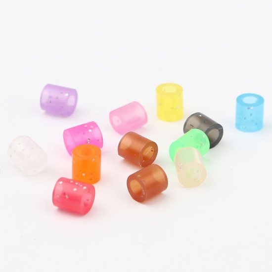 Picture of Acrylic Pony Bubblegum Beads Cylinder White Glitter About 5mm x 5mm, Hole: Approx 2.8mm, 2000 PCs