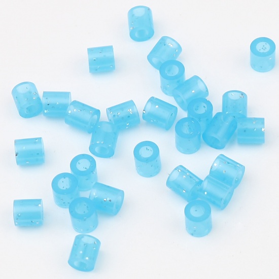 Picture of Acrylic Pony Bubblegum Beads Cylinder Blue Glitter About 5mm x 5mm, Hole: Approx 2.8mm, 2000 PCs