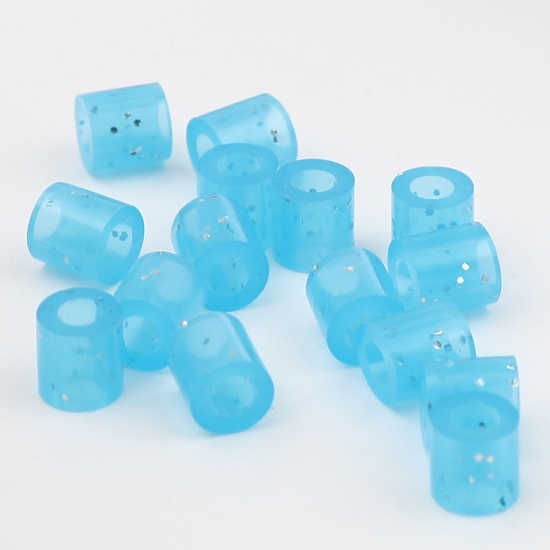 Picture of Acrylic Pony Bubblegum Beads Cylinder Blue Glitter About 5mm x 5mm, Hole: Approx 2.8mm, 2000 PCs