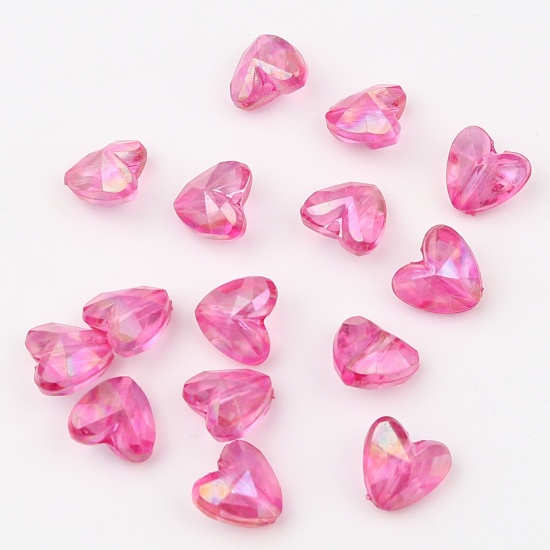 Picture of Acrylic Beads Heart Fuchsia AB Rainbow Color Plating About 12mm x 11mm, Hole: Approx 1.9mm, 200 PCs