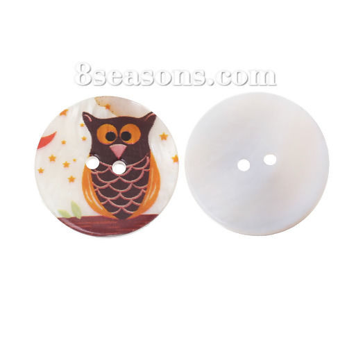 Picture of Natural Shell Sewing Button Scrapbooking 2 Holes Round Multicolor Owl Halloween Pattern 3cm(1 1/8") Dia, 12 PCs