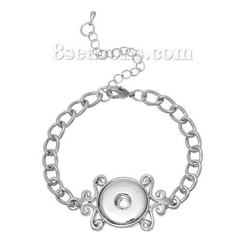 Picture of Snap Button Jewelry Bracelets Silver Tone Fit 18mm/20mm Snap Buttons 18.3cm(7 2/8") long, Hole Size: 6mm( 2/8"), 1 Piece