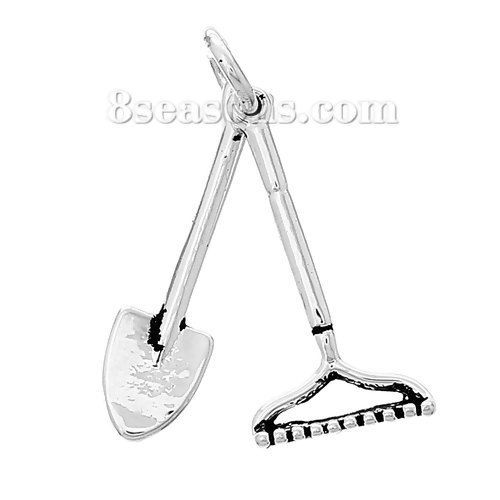 Picture of Brass Charm Pendants Shovel Rake Antique Silver Color 20mm x5mm( 6/8" x 2/8") 18mm x9mm( 6/8" x 3/8"), 5 PCs