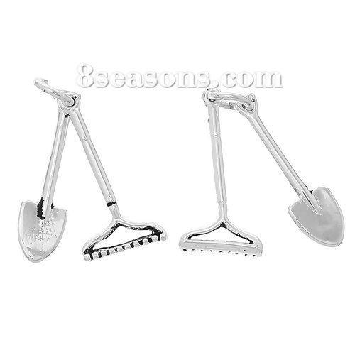 Picture of Brass Charm Pendants Shovel Rake Antique Silver Color 20mm x5mm( 6/8" x 2/8") 18mm x9mm( 6/8" x 3/8"), 5 PCs