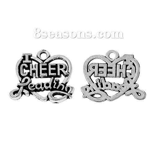 Picture of Zinc Metal Alloy Charm Pendants Heart Antique Silver Color Message " I CHEER Leading " Carved Hollow 20mm( 6/8") x 17mm( 5/8"), 20 PCs