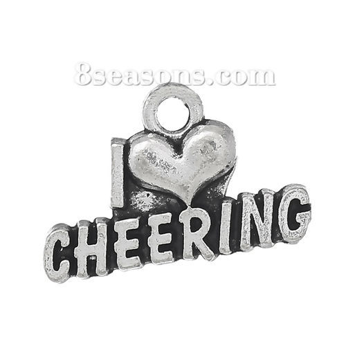 Picture of Zinc Metal Alloy Charm Pendants Heart Antique Silver Color Message " CHEERING " Carved 20mm( 6/8") x 13mm( 4/8"), 30 PCs