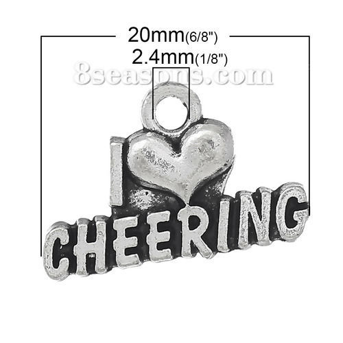 Immagine di Lega di Zinco Charm Ciondoli Cuore Argento Antico Lettere Scolpito " CHEERING " 20mm x 13mm , 30 Pz