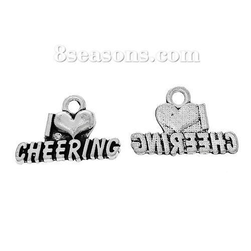 Picture of Zinc Metal Alloy Charm Pendants Heart Antique Silver Color Message " CHEERING " Carved 20mm( 6/8") x 13mm( 4/8"), 30 PCs