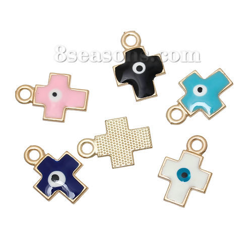 Picture of 2 PCs Zinc Based Alloy Religious Charms Gold Plated At Random Mixed Color Cross Evil Eye Enamel 19mm x 13mm