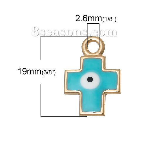 Picture of 2 PCs Zinc Based Alloy Religious Charms Gold Plated At Random Mixed Color Cross Evil Eye Enamel 19mm x 13mm