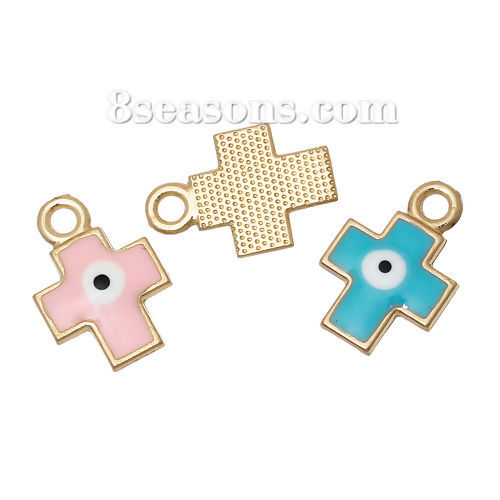 Picture of 2 PCs Zinc Based Alloy Religious Charms Gold Plated At Random Mixed Color Cross Evil Eye Enamel 19mm x 13mm