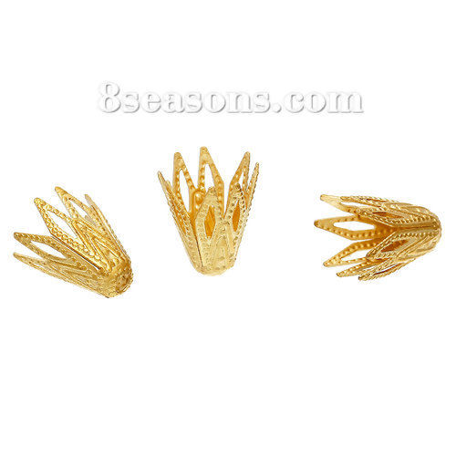 Picture of Brass Filigree Beads Caps Flower Brass Color Hollow (Fits 8mm Beads) 8mm( 3/8") x 7mm( 2/8"), 4 PCs                                                                                                                                                           