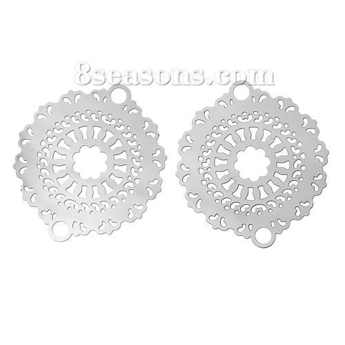 Picture of 304 Stainless Steel Filigree Stamping Connectors Findings Round Silver Tone Flower Carved Hollow 31mm(1 2/8") x 27mm(1 1/8"), 2 PCs