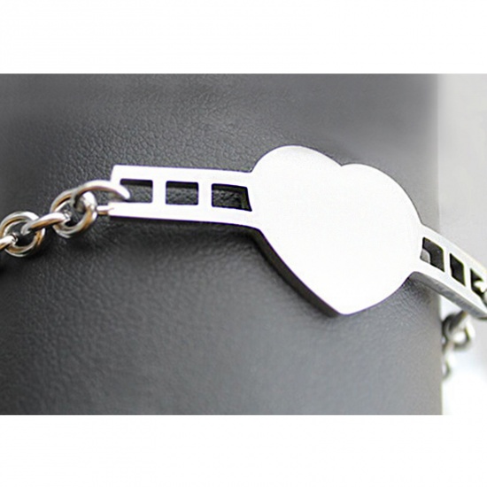 Bild von 316L Edelstahl für Damen Leere Stempeletiketten Armband Herz Silberfarbe Einseitiges Polieren 19cm lang, 1 Strang