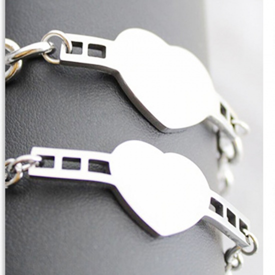 Bild von 316L Edelstahl für Damen Leere Stempeletiketten Armband Herz Silberfarbe Einseitiges Polieren 19cm lang, 1 Strang