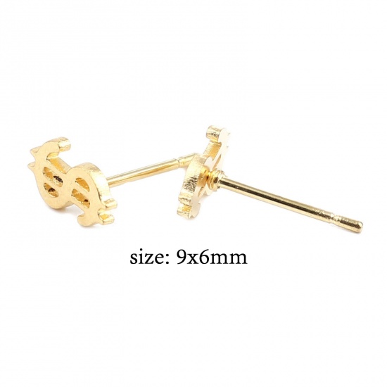 Picture of Stainless Steel Ear Post Stud Earrings Set Gold Plated Money Sign 9mm x 6mm, Post/ Wire Size: (20 gauge), 1 Set ( 12 Pairs/Set)