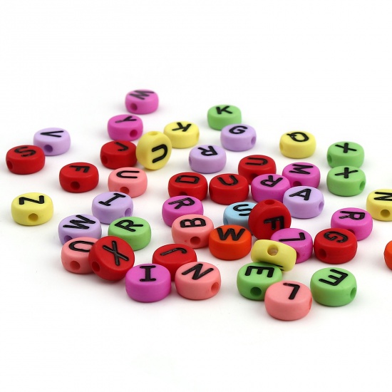 Picture of Acrylic Beads Flat Round At Random Color Initial Alphabet/ Capital Letter Pattern Enamel About 10mm Dia., Hole: Approx 2.2mm, 200 PCs