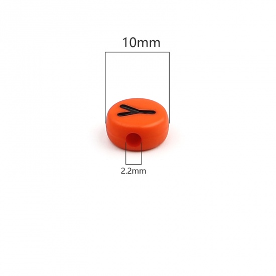Picture of Acrylic Beads Capital Alphabet/ Letter Orange At Random Pattern Enamel About 10mm Dia., Hole: Approx 2.2mm, 200 PCs