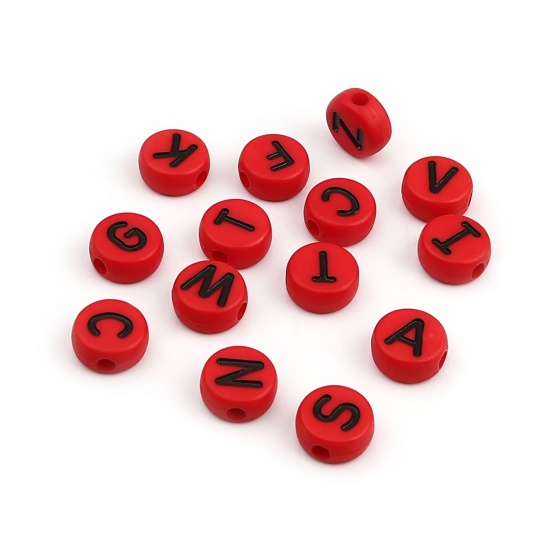 Picture of Acrylic Beads Capital Alphabet/ Letter Red At Random Pattern Enamel About 10mm Dia., Hole: Approx 2.2mm, 200 PCs