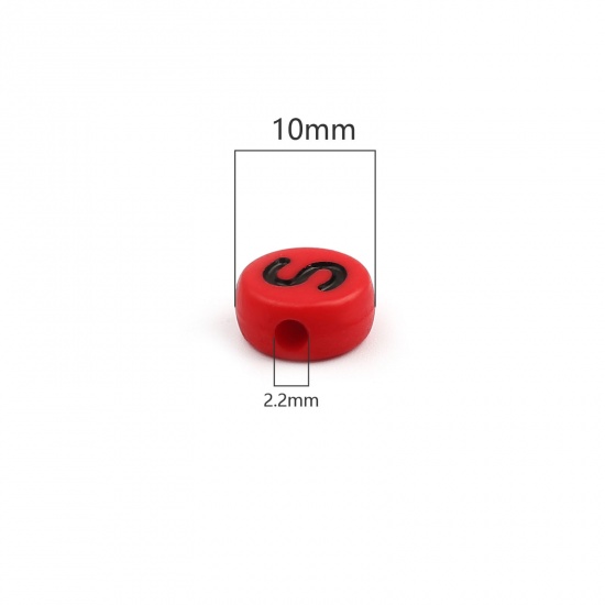 Picture of Acrylic Beads Capital Alphabet/ Letter Red At Random Pattern Enamel About 10mm Dia., Hole: Approx 2.2mm, 200 PCs