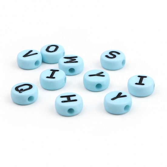 Picture of Acrylic Beads Capital Alphabet/ Letter Light Blue At Random Pattern Enamel About 10mm Dia., Hole: Approx 2.2mm, 200 PCs