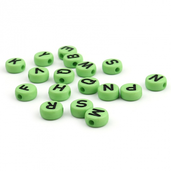 Picture of Acrylic Beads Capital Alphabet/ Letter Green At Random Pattern Enamel About 10mm Dia., Hole: Approx 2.2mm, 200 PCs