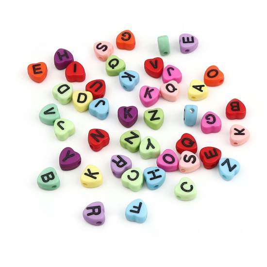 Picture of Acrylic Beads Heart At Random Color Initial Alphabet/ Capital Letter Pattern Enamel About 7mm x 7mm, Hole: Approx 1.5mm, 300 PCs