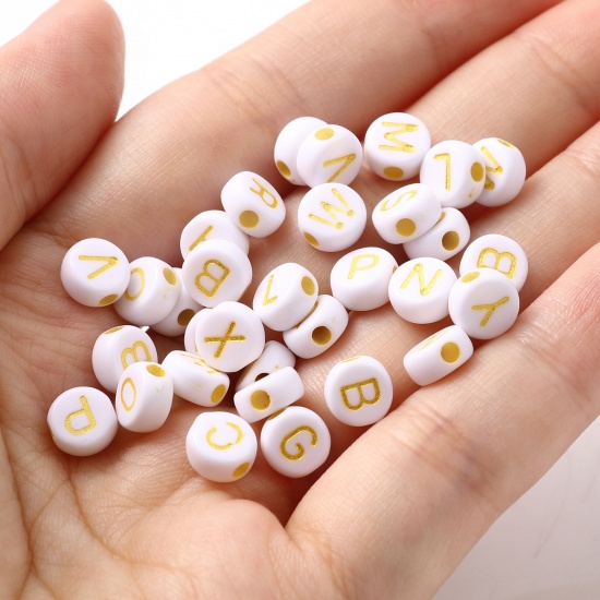 Picture of Acrylic Beads Round White & Golden Initial Alphabet/ Capital Letter Pattern Enamel About 7mm Dia., Hole: Approx 1.7mm, 500 PCs